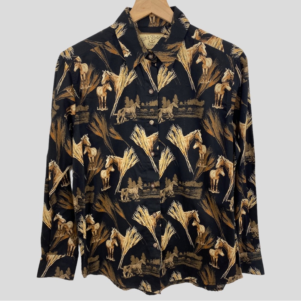 Brit & Bridle Black + Brown Horse Button Down Shirt NWT